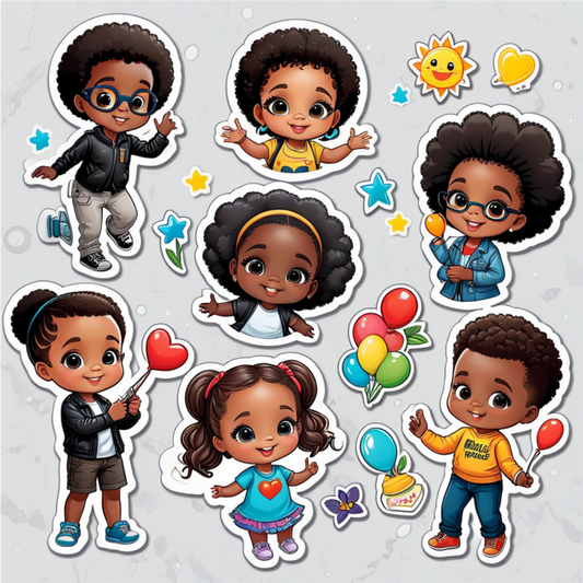 Sheet of 11 Printable Cartoon Brown Skin Kid Stickers
